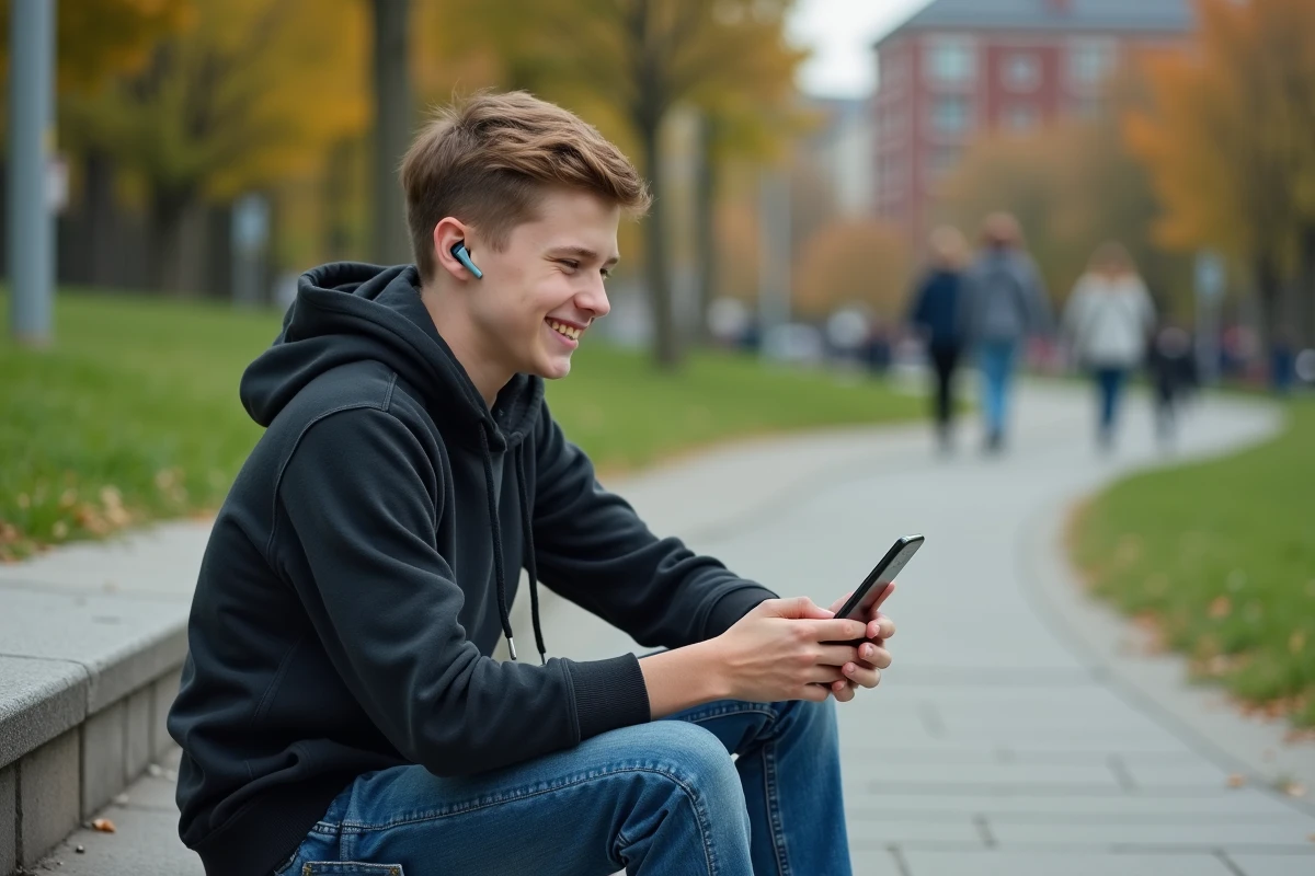 Adolescent dans un parc avec smartphone et écouteurs