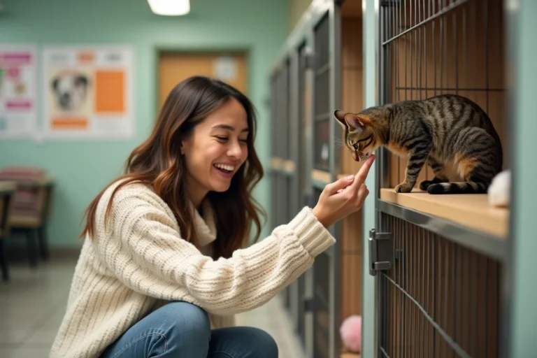 Femme souriante tendant la main vers un chat tigré dans un refuge animalier, moment d'adoption touchant et naturel