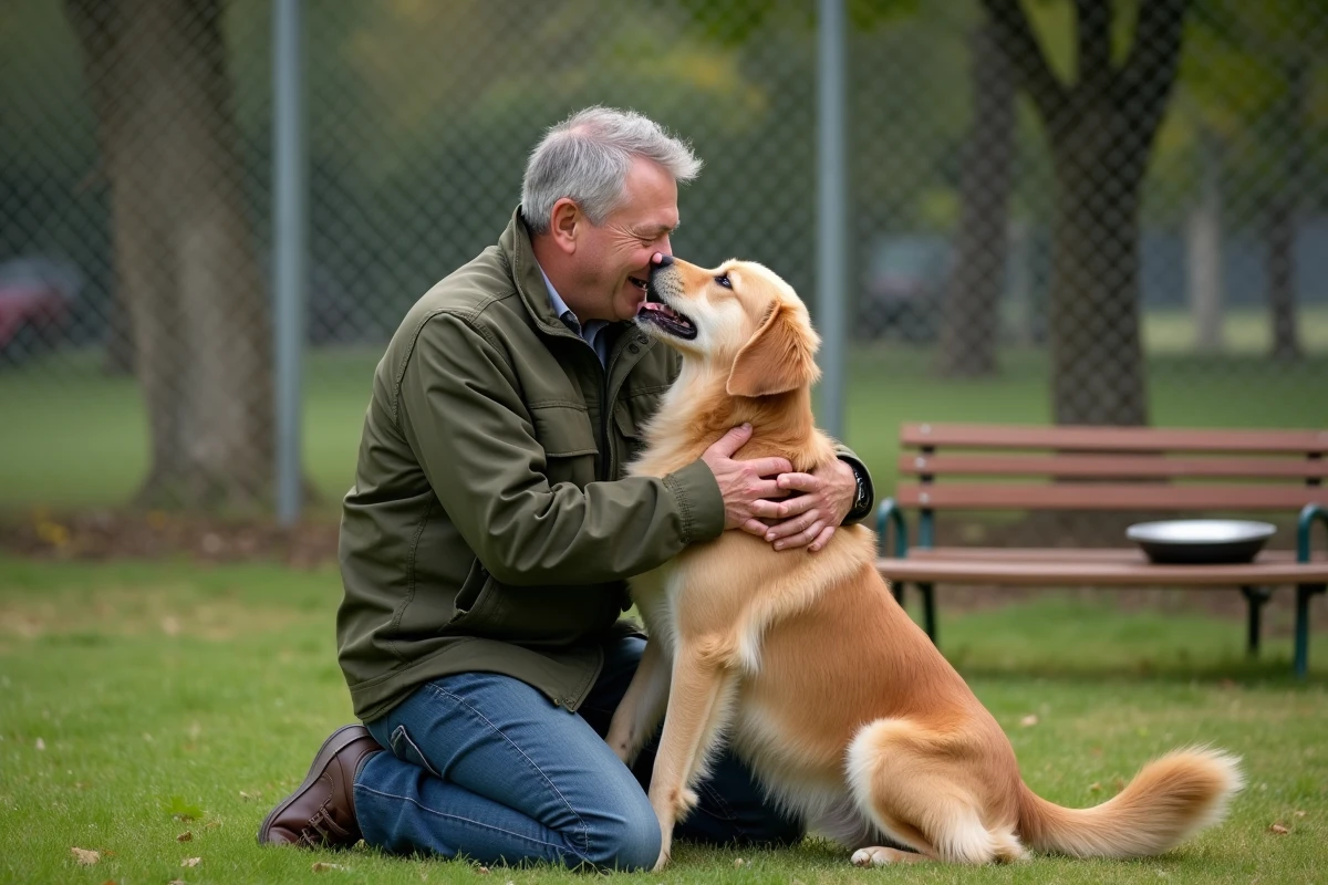 Homme d'âge mûr jouant avec un chien golden retriever dans le parc extérieur d'un refuge pour animaux à adopter