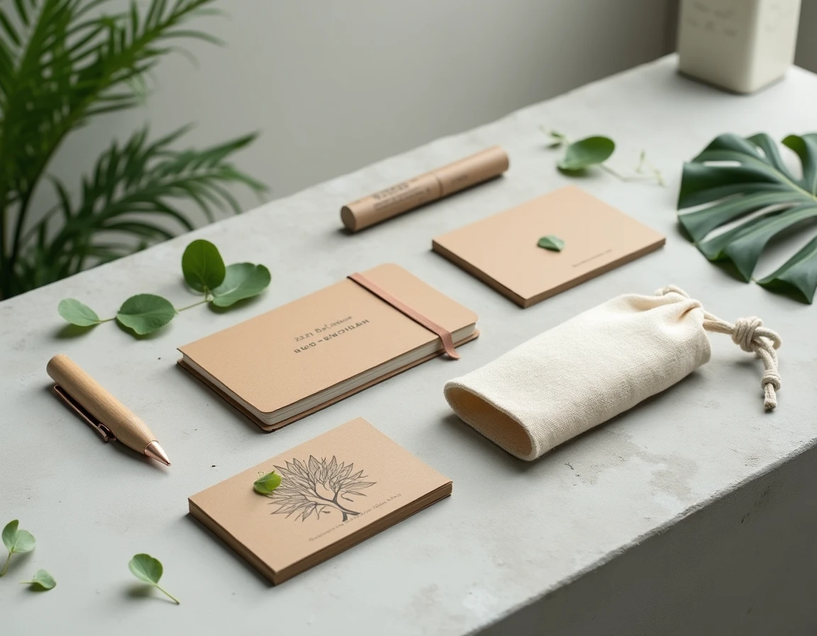 Alternatives écologiques aux goodies classiques : stylo recyclé, carnet bambou et pochette coton sur béton gris