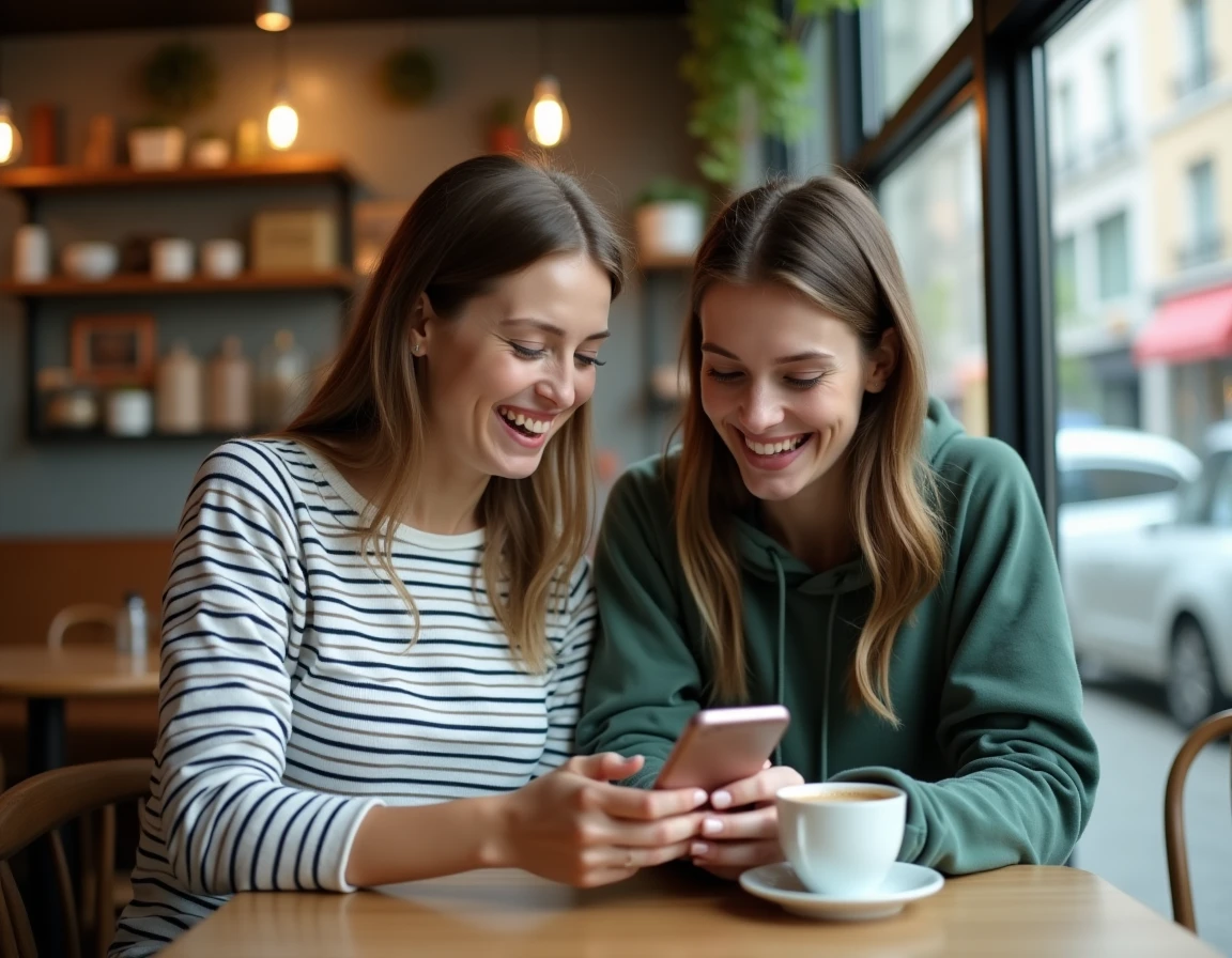 Deux amies lisant les tendances de la presse magazine en ligne sur un smartphone dans un café