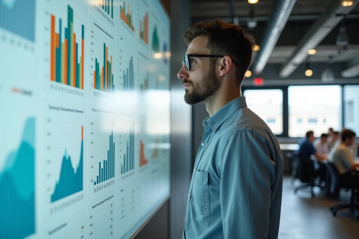 Jeune analyste analysant des graphiques dans un bureau moderne