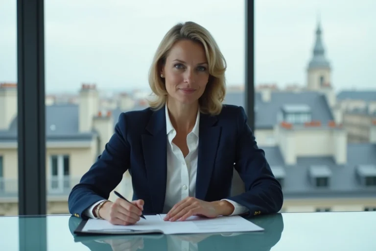 Femme d'affaires française inspirante dans un bureau moderne parisien, illustrant le parcours professionnel d'Anne Dewavrin