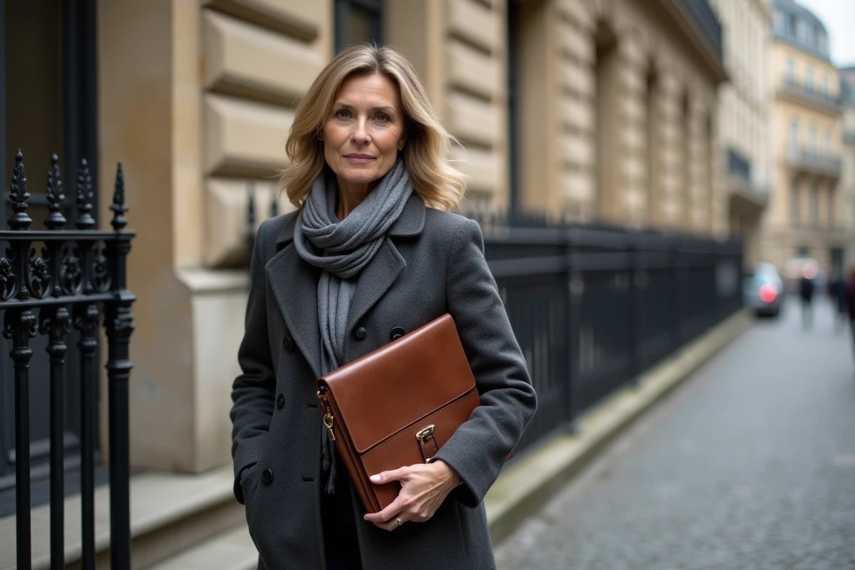Portrait élégant d'une femme d'affaires devant un immeuble haussmannien à Paris, évoquant le succès et la fortune d'Anne Dewavrin
