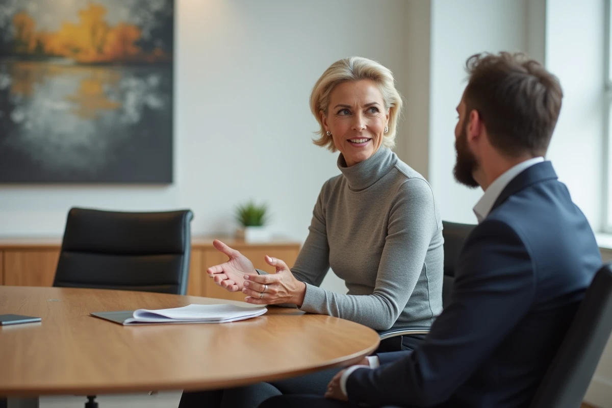 Femme entrepreneure en réunion d'affaires dans une salle de conférence moderne, symbolisant le leadership et le parcours inspirant d'Anne Dewavrin