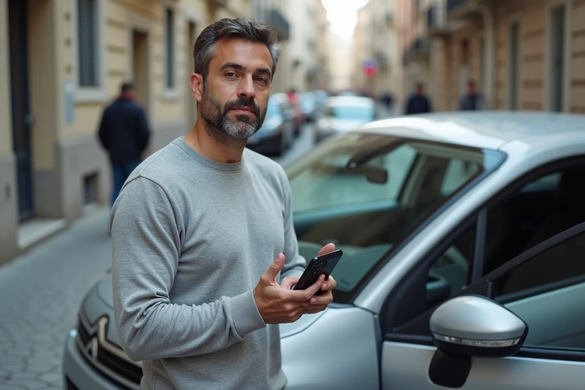 Homme associant son smartphone en Bluetooth à l'autoradio Citroën C3 depuis l'extérieur du véhicule