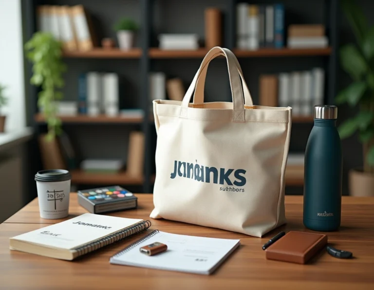 Assortiment de goodies promotionnels branded disposés sur un bureau en bois : tote bag, gourde, carnet et stylos