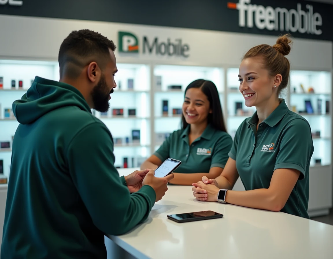 Client en boutique Free Mobile discutant d'un changement de forfait avec un conseiller en magasin