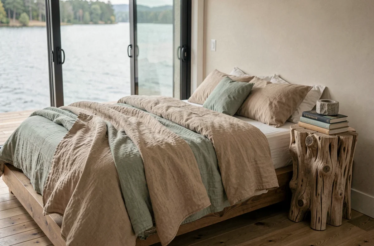 Chambre lacustre avec lit en lin naturel sable et sauge, porte vitrée coulissante ouverte sur un deck en bois au-dessus de l'eau, table de chevet en bois flotté et bougeoir en pierre