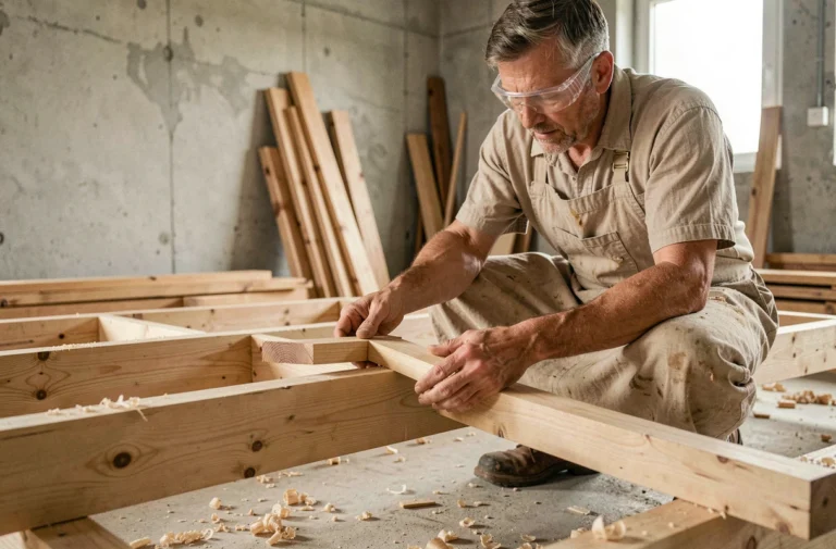 Charpentier comparant une solive et une lambourde bois côte à côte lors de travaux de rénovation intérieure