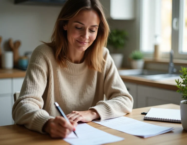 Femme rédigeant un chèque différé à la table de sa cuisine, illustrant la gestion des paiements différés Cora en 2026