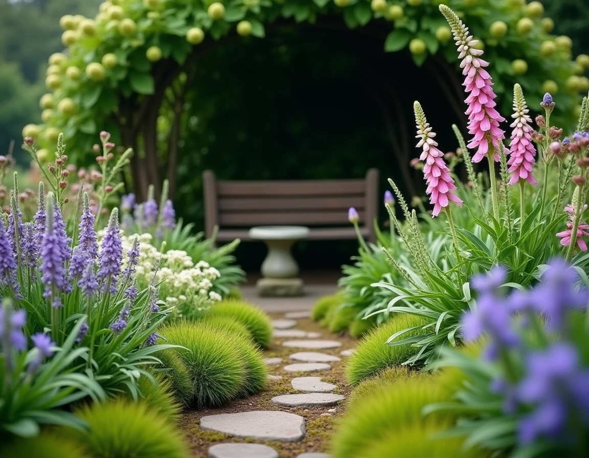 Coin de jardin naturel avec fleurs sauvages, graminées et bordure en pierres moussues