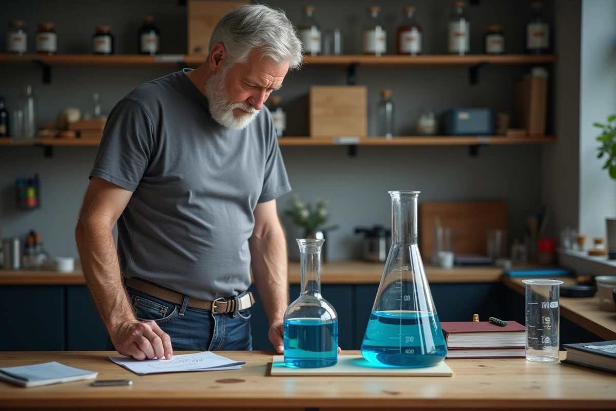 Homme comparant un bécher de 400 ml et un cylindre gradué d'un litre sur une table de travail