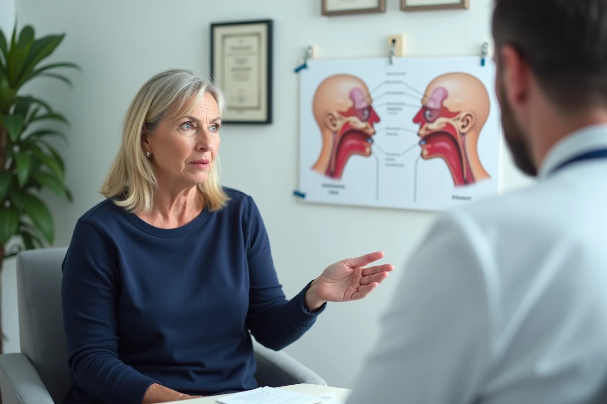Femme consultant un médecin pour des problèmes de ronflement et ronchopathie dans un cabinet médical moderne