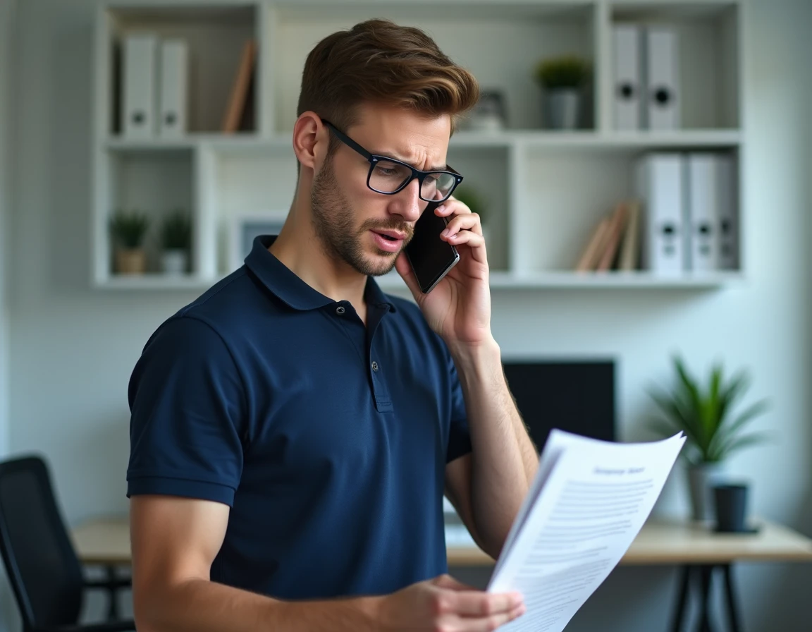 Homme en télétravail contactant le service client EDF par téléphone avec un contrat de résiliation à la main