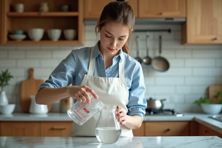 Femme versant 400 ml de liquide dans un pichet gradué d'un litre dans une cuisine moderne