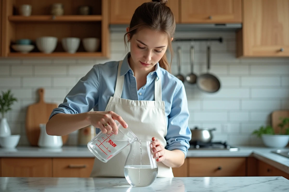 Femme versant 400 ml de liquide dans un pichet gradué d'un litre dans une cuisine moderne