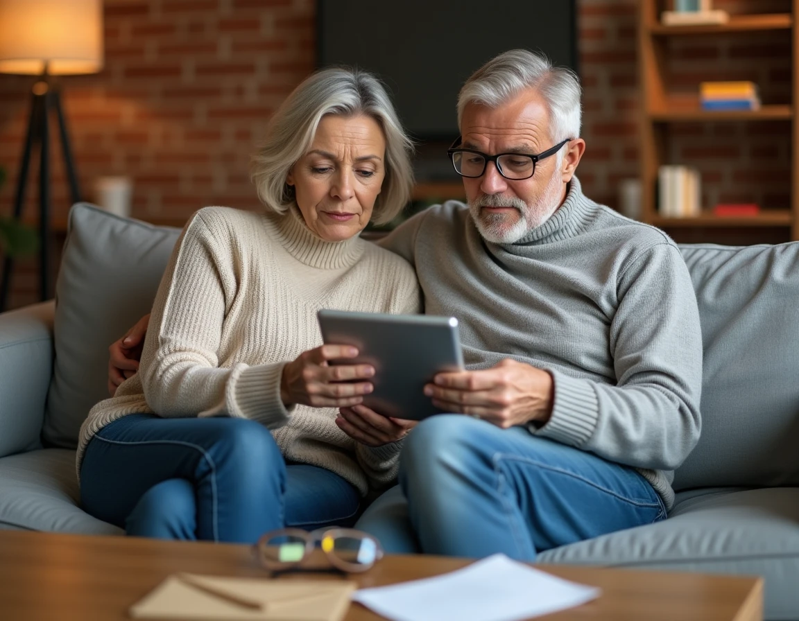 Couple vérifiant ensemble un formulaire de réclamation EDF sur tablette dans leur salon pour corriger une erreur de résiliation