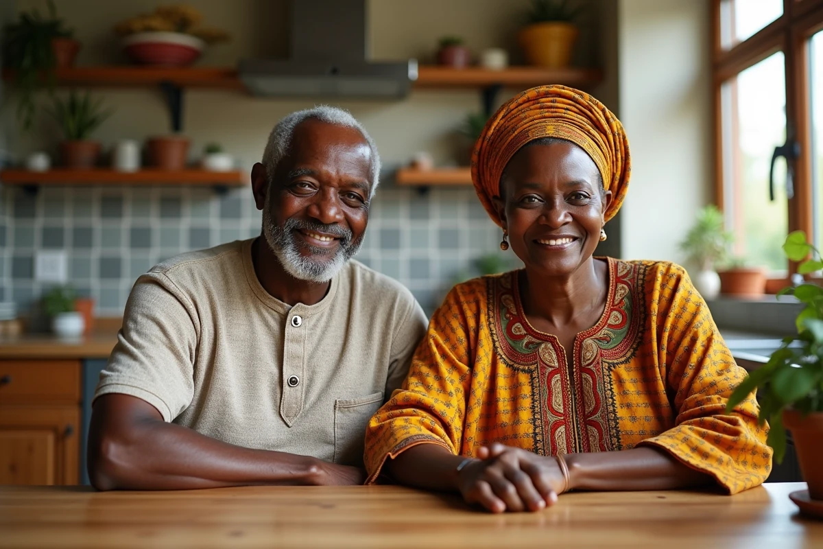 Deux adultes âgés en vêtements traditionnels dans une cuisine chaleureuse
