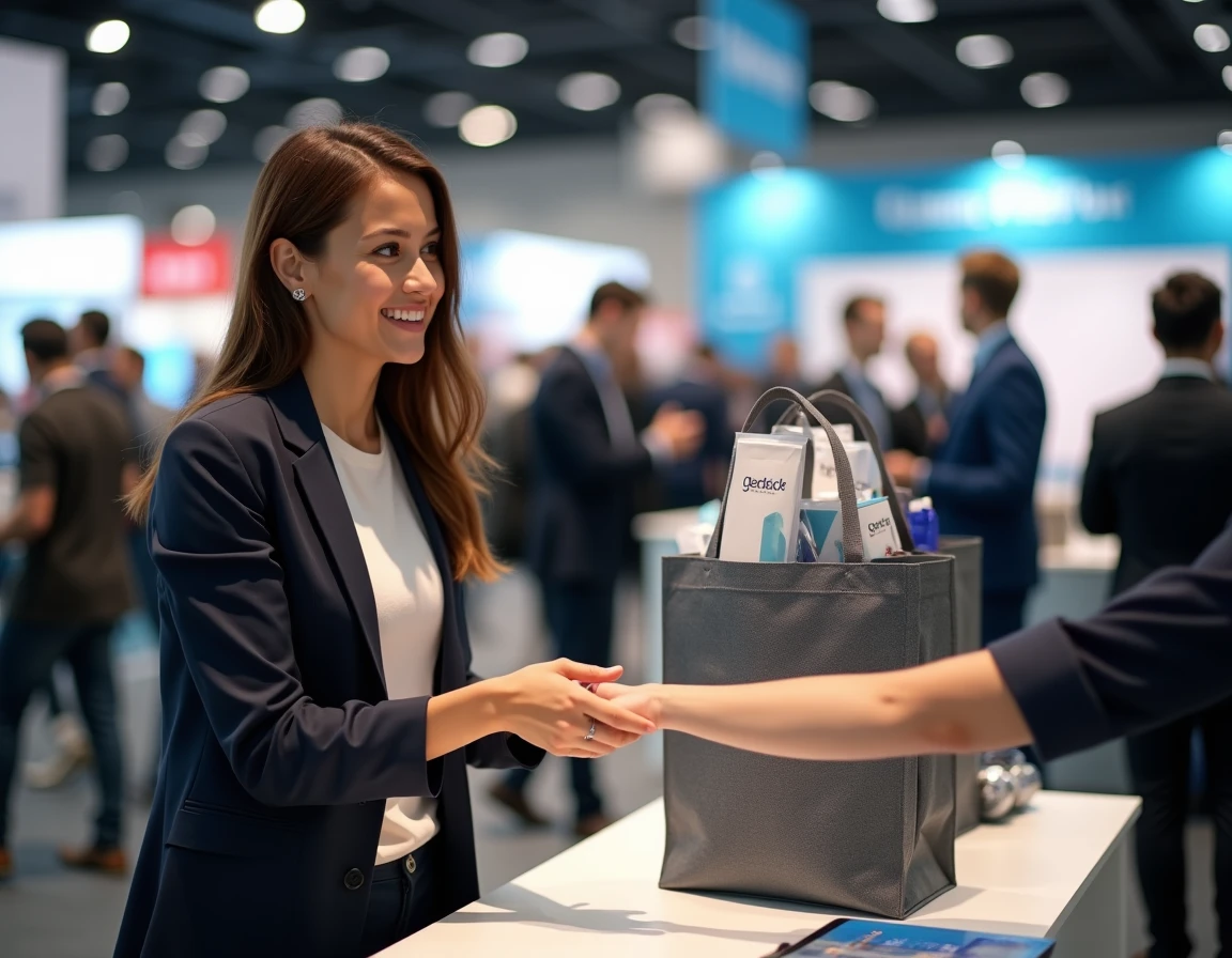 Femme remettant un sac promotionnel avec des goodies à un visiteur lors d'un salon professionnel