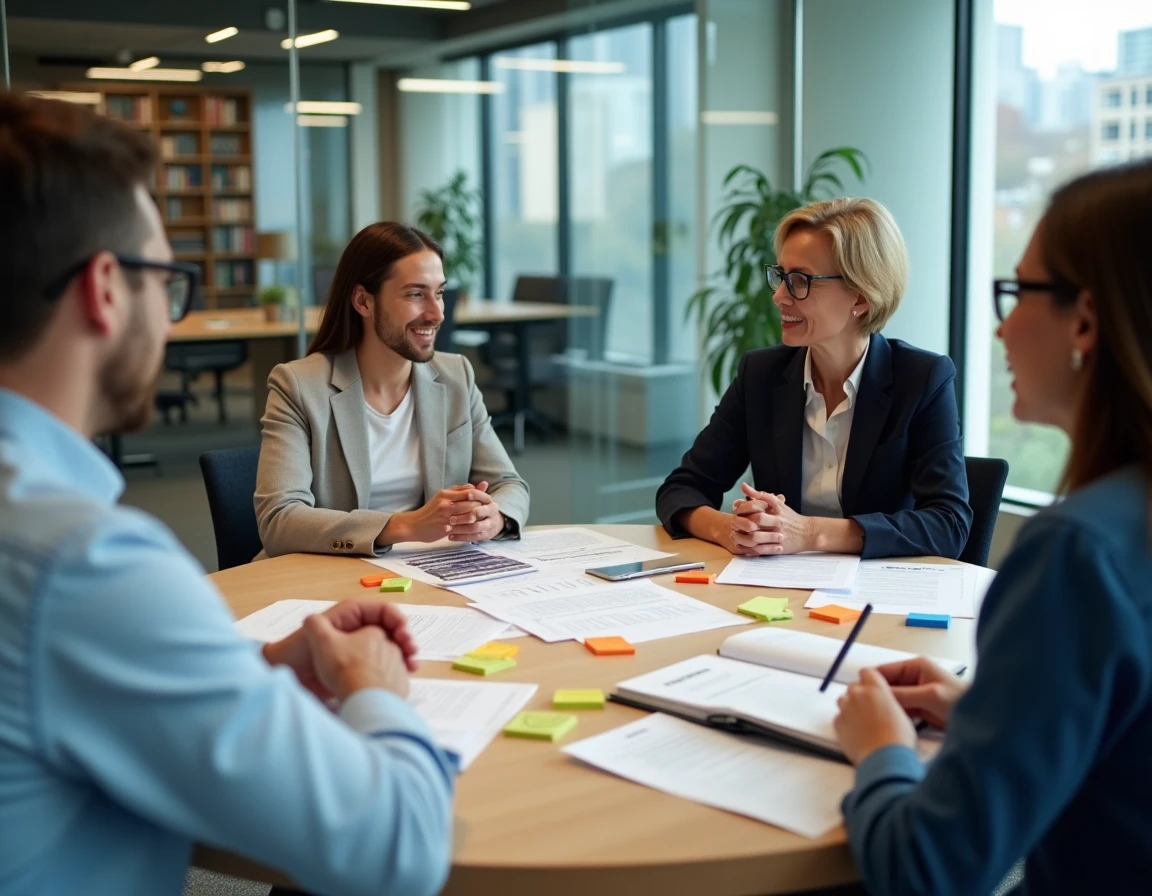 Équipe de professionnels en réunion collaborative autour d'un plan de conduite du changement ADKAR en salle de conférence