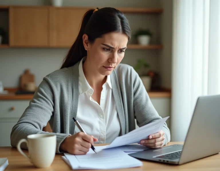Femme consultant une facture EDF à la table de cuisine avec un ordinateur portable ouvert sur un service client en ligne