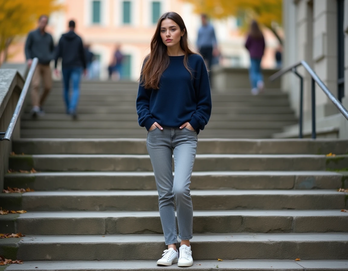 Femme évaluant la résistance et l'état d'un escalier en pierre extérieur dans un espace urbain