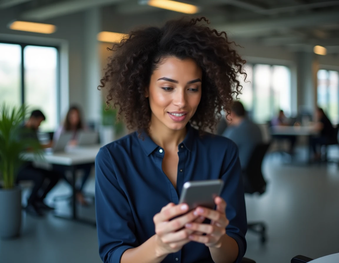Femme vérifiant son application Free Mobile pour suivre son changement de forfait depuis son bureau