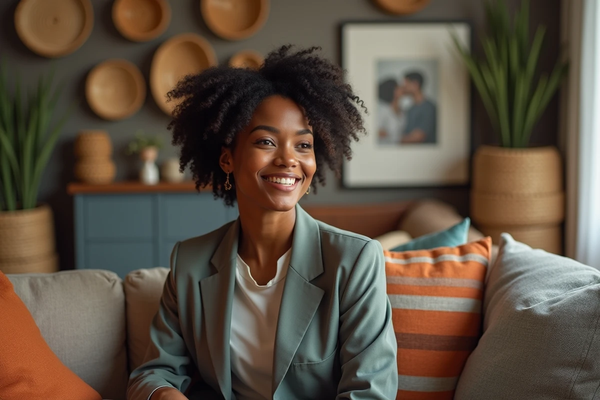 Femme souriante en tenue décontractée dans un salon élégant