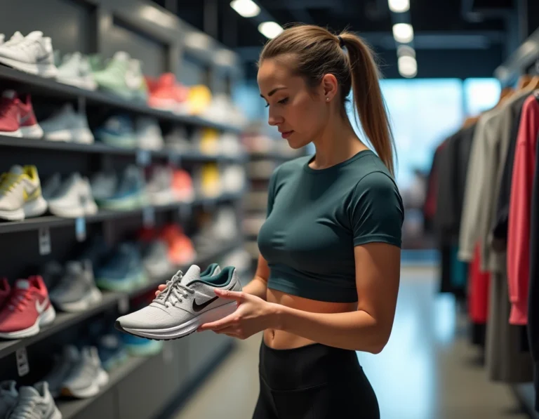 Femme active choisissant des chaussures de sport dans un magasin d'équipements sportifs