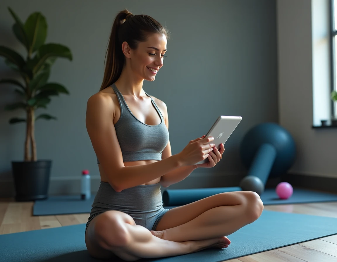 Femme consultant une liste d'équipements sportifs sur tablette dans une salle de sport à domicile