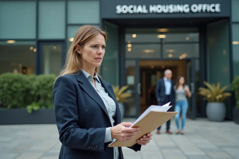 Femme tenant des documents devant un office de logement social, illustrant une demande de logement en commission d'attribution