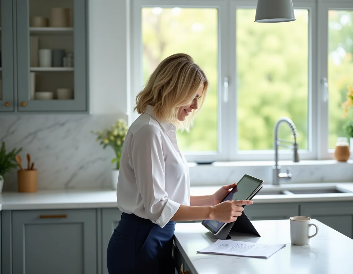 Femme d'âge mûr suivant un module de formation professionnelle en ligne sur tablette dans sa cuisine pendant une pause