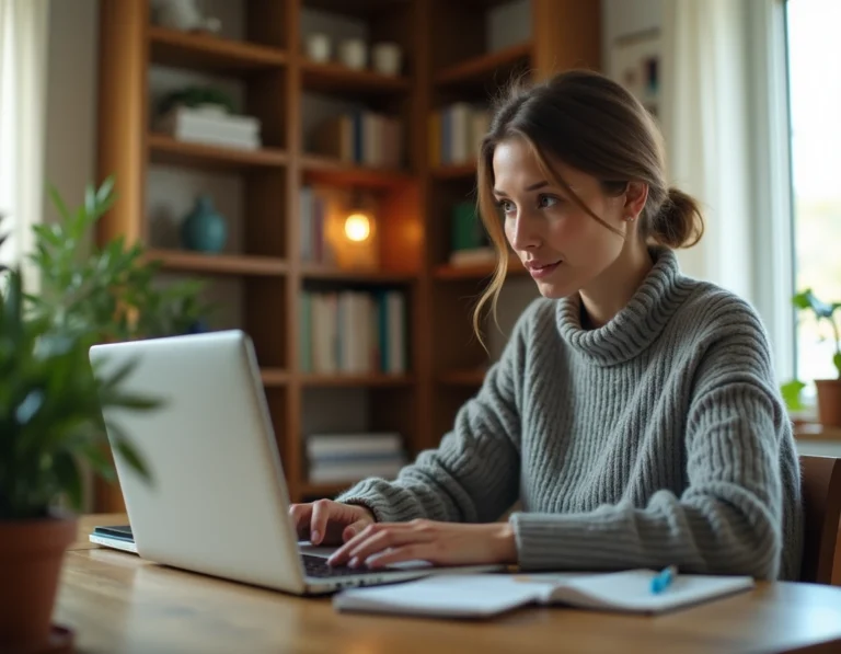 Femme suivant une formation professionnelle en ligne depuis son bureau à domicile, avec un cahier de notes et un laptop ouvert