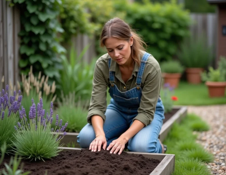 Femme jardinant dans un jardin naturel avec des plantes sauvages et des herbes aromatiques