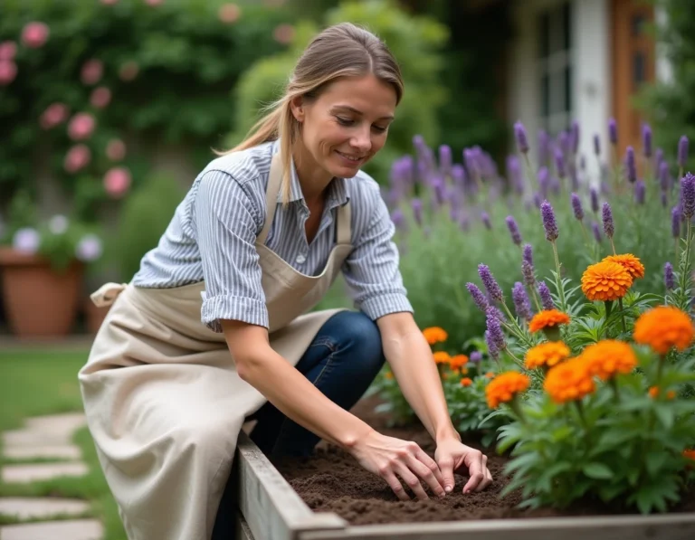 Femme jardinant dans un potager fleuri avec des plants de lavande et de souci dans un jardin de cottage