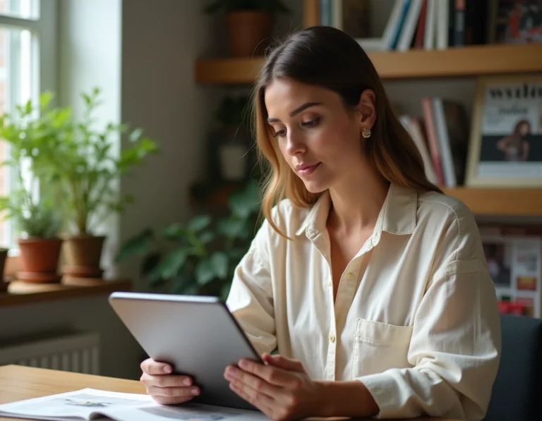 Femme consultant une presse magazine en ligne sur une tablette dans un bureau moderne