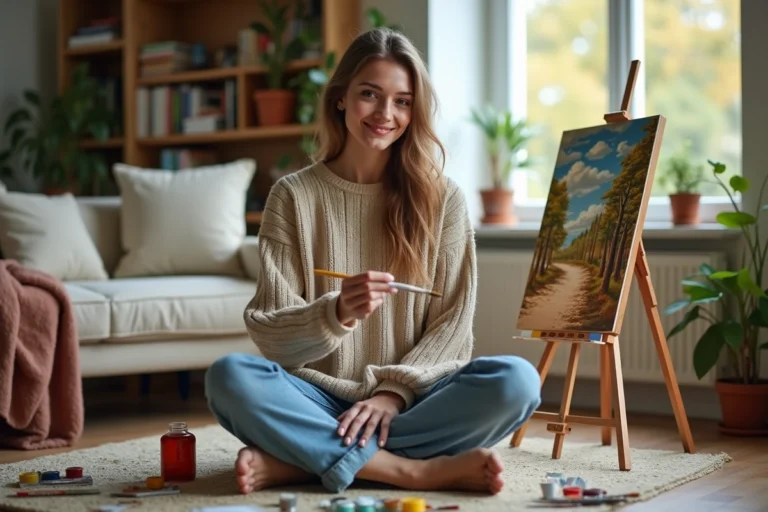 Jeune femme peignant un paysage dans un salon chaleureux