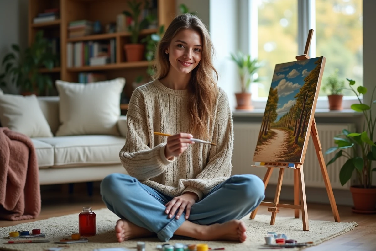 Jeune femme peignant un paysage dans un salon chaleureux