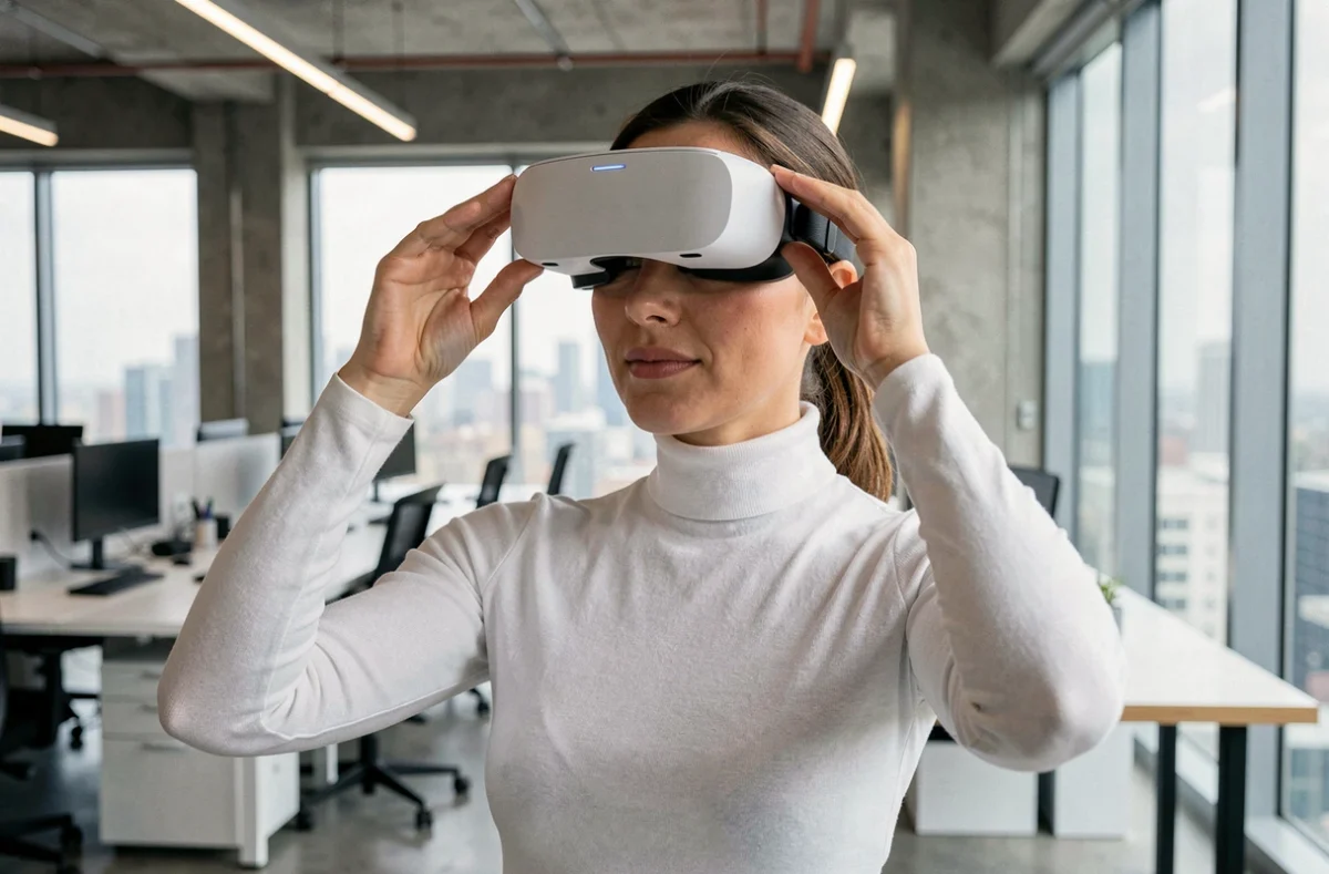 Femme portant un casque de réalité augmentée dans un bureau tech moderne, illustrant les tendances technologiques 2024