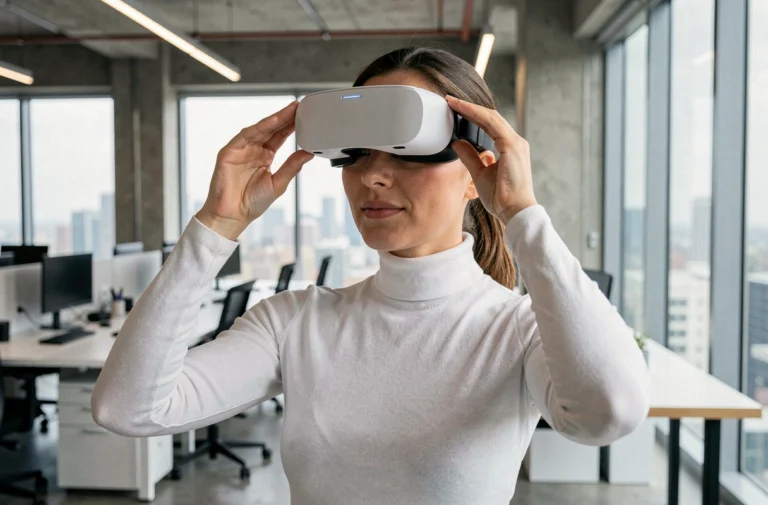 Femme portant un casque de réalité augmentée dans un bureau tech moderne, illustrant les tendances technologiques 2024