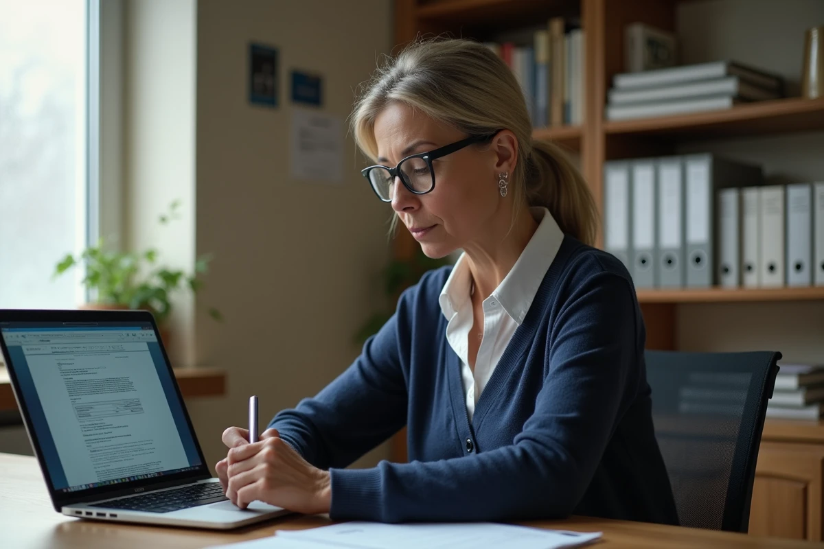 Femme remplissant le formulaire cerfa 3233 SD en ligne sur un ordinateur portable dans un bureau à domicile