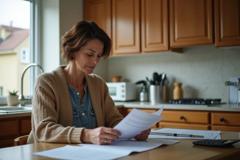 Femme d'âge moyen consulte des documents dans sa cuisine