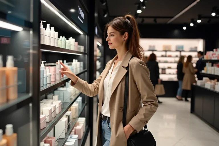 Femme élégante en trench beige explore produits de beauté