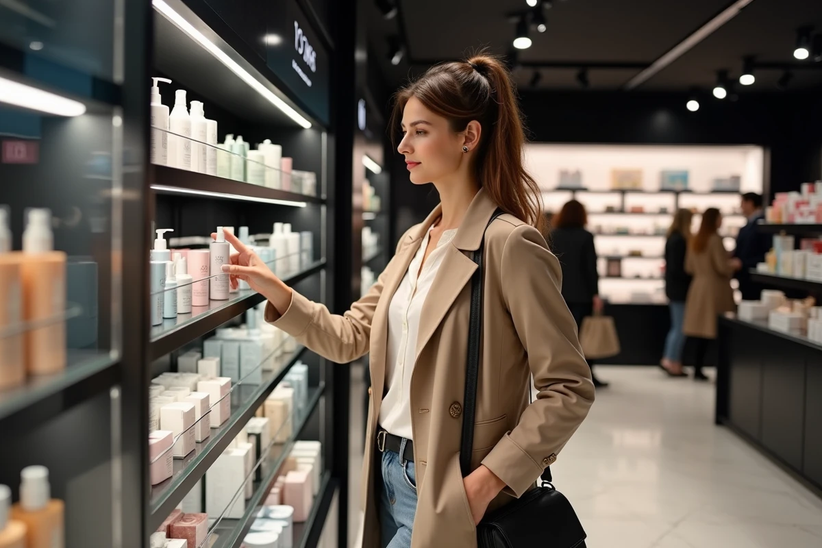 Femme élégante en trench beige explore produits de beauté