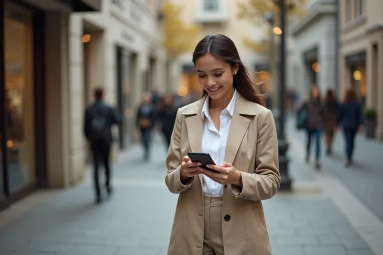 Femme élégante en automne dans la ville checkant son téléphone