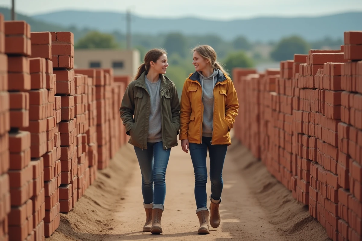 Deux femmes inspectant des briques dans une cour extérieure