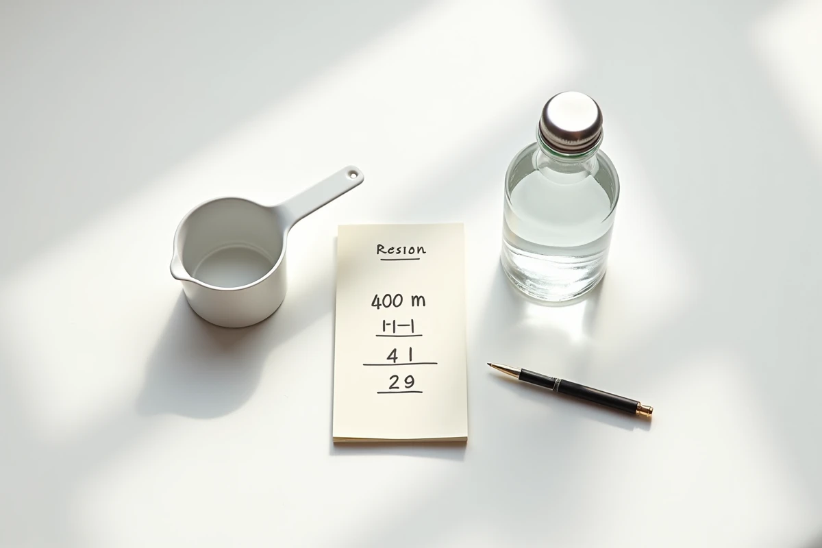Vue de dessus d'un verre doseur de 400 ml, d'une bouteille d'un litre et d'une fiche de conversion manuscrite