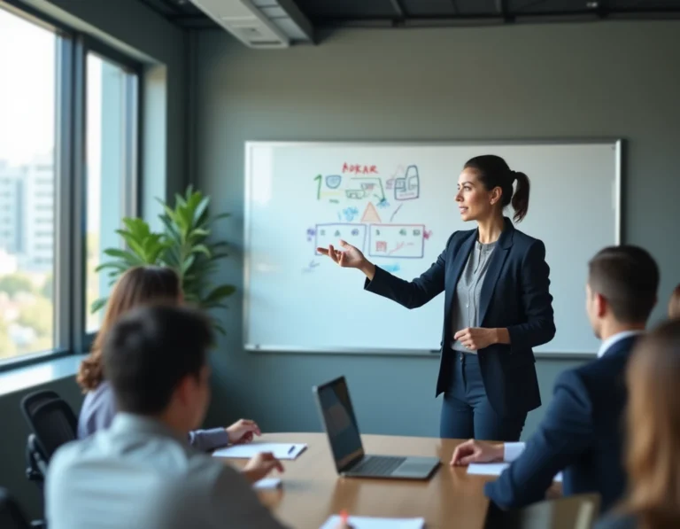 Formatrice en entreprise présentant la méthodologie ADKAR sur un tableau blanc lors d'une session de formation au changement