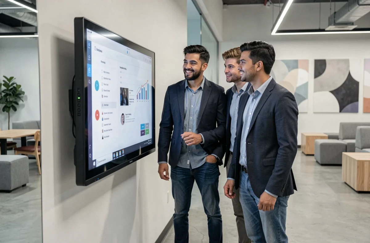 Groupe de jeunes professionnels interagissant avec un écran tactile interactif dans un espace de coworking futuriste, innovations tech 2024